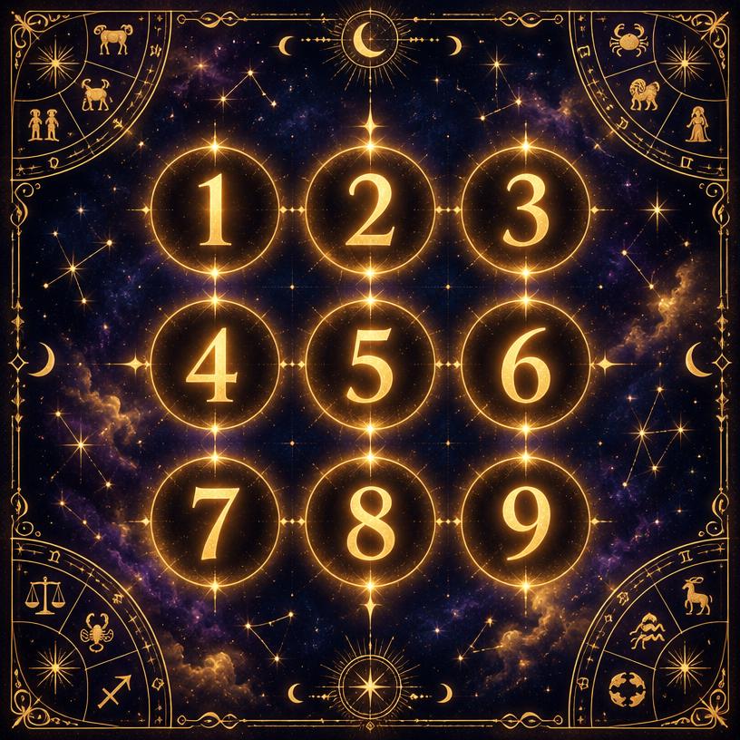 Gráfico de numerología con los números del 1 al 9 entre estrellas y constelaciones doradas