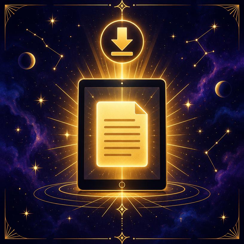 Ilustración de una tablet con un documento dorado para descargar
